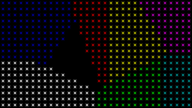 Screenshot: Voronoi pattern made of RGB and CMYK colored grid blocks
