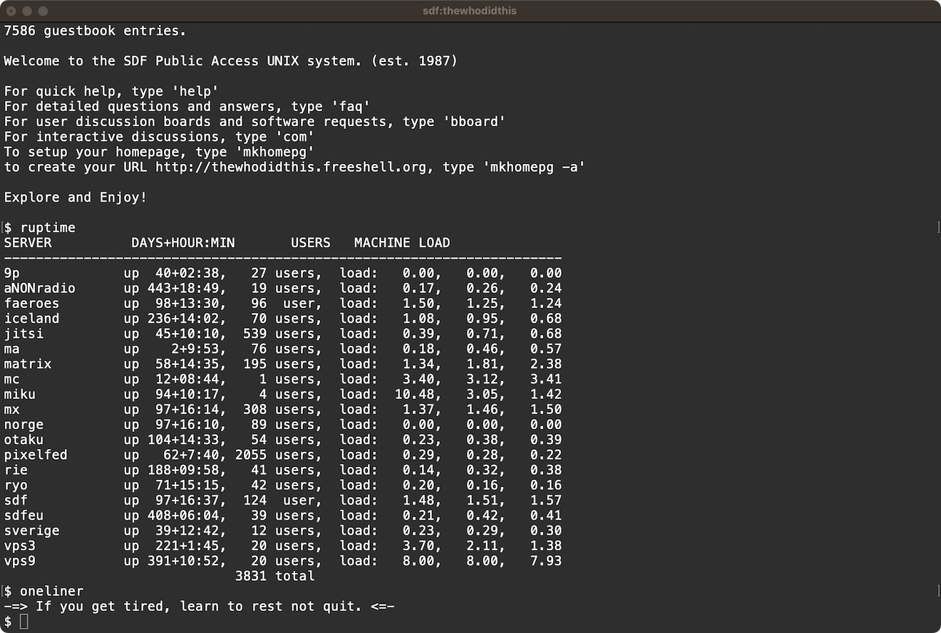 SDF welcome screen showing uptime and oneliner sample output