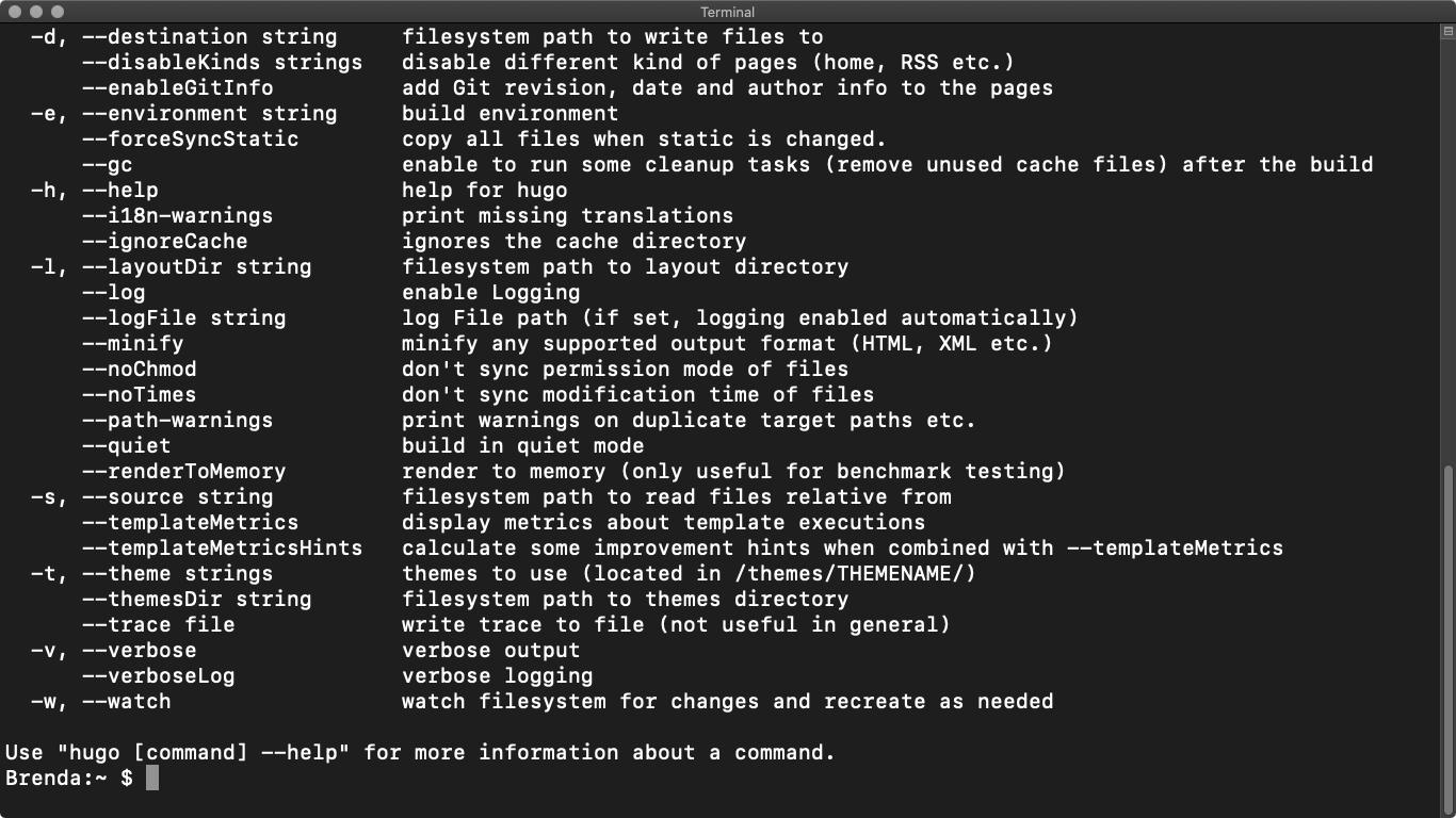 Hugo's list of options and subcommands seems endless
