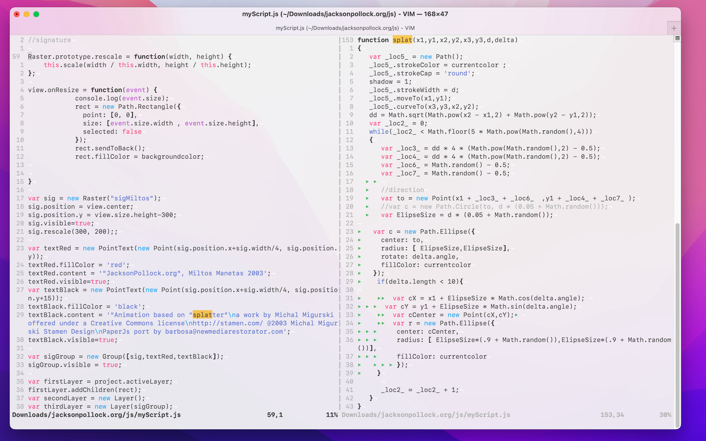 Vim vertical split showing signature section and splat function are parallel surface